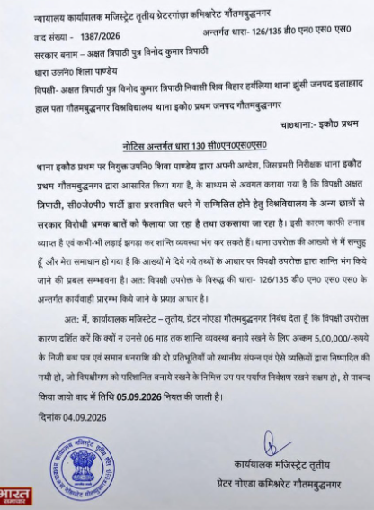ग्रेटर नोएडा में छात्र को शांति व्यवस्था के लिए ₹5 लाख के बॉन्ड का नोटिस, धरने में शामिल होने का मामला