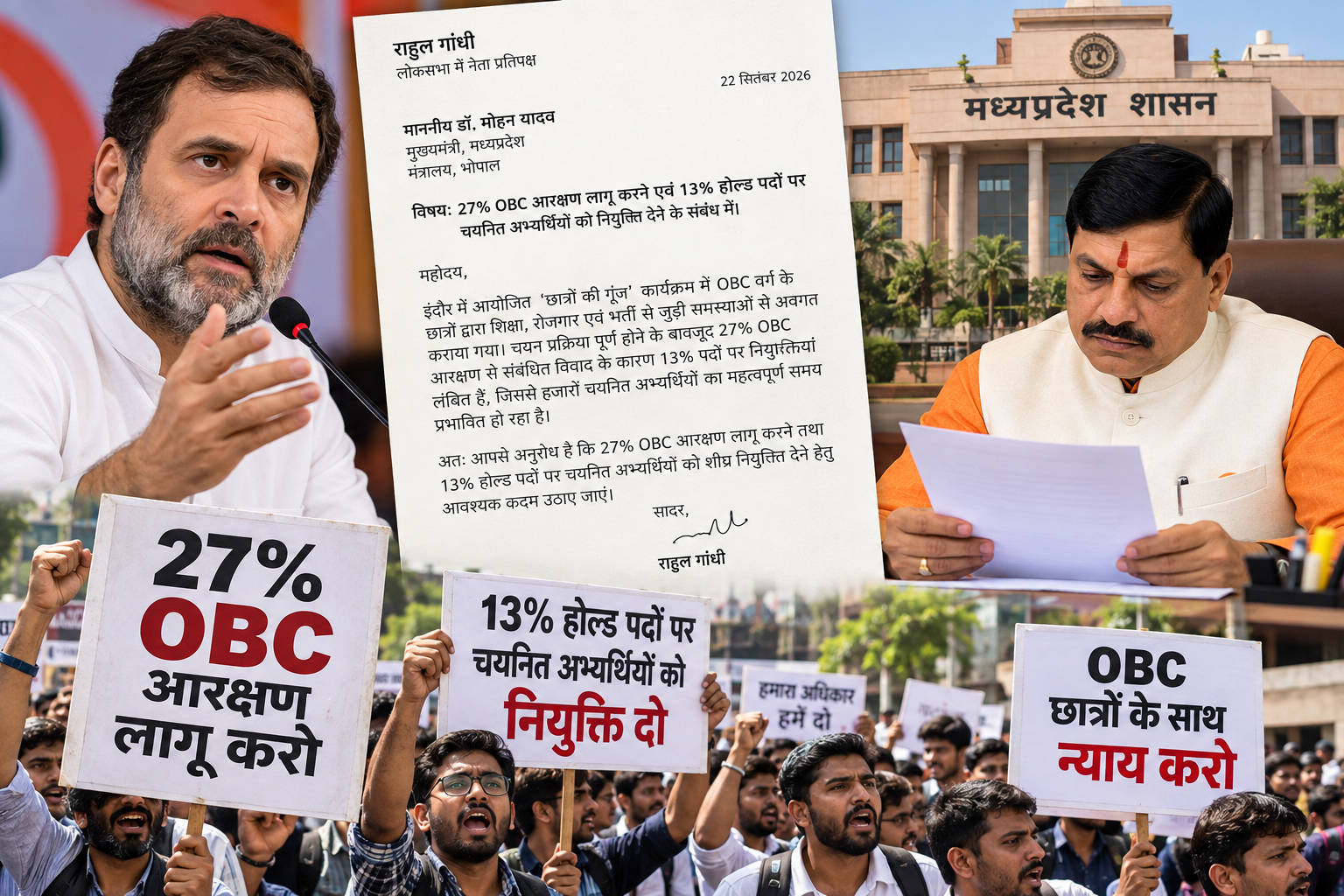 27% OBC आरक्षण लागू करने की मांग, राहुल गांधी ने CM मोहन यादव को लिखा पत्र 13% होल्ड पदों पर चयनित अभ्यर्थियों को नियुक्ति देने की भी मांग, 2022 से इंतजार का दावा