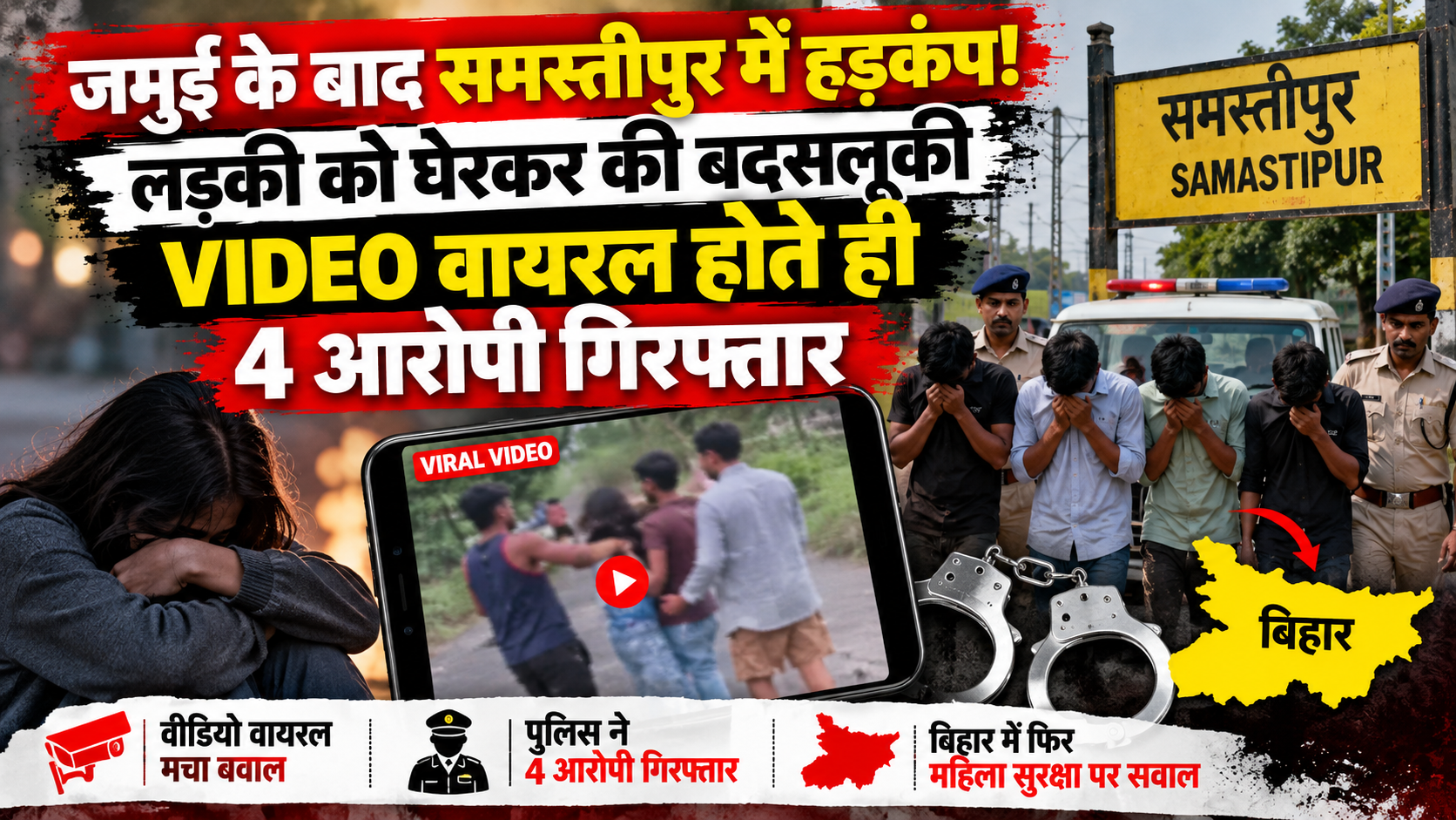 जमुई के बाद समस्तीपुर में हड़कंप! लड़की को घेरकर की बदसलूकी, VIDEO वायरल होते ही 4 आरोपी गिरफ्तार