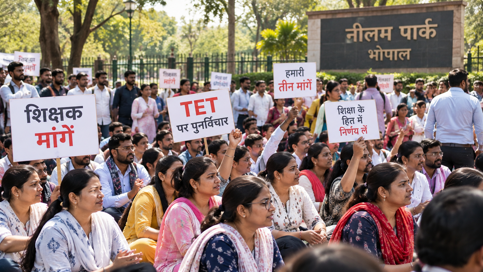टीईटी का विरोध: बिना अनुमति नीलम पार्क में शिक्षकों का बेमुद्दत धरना