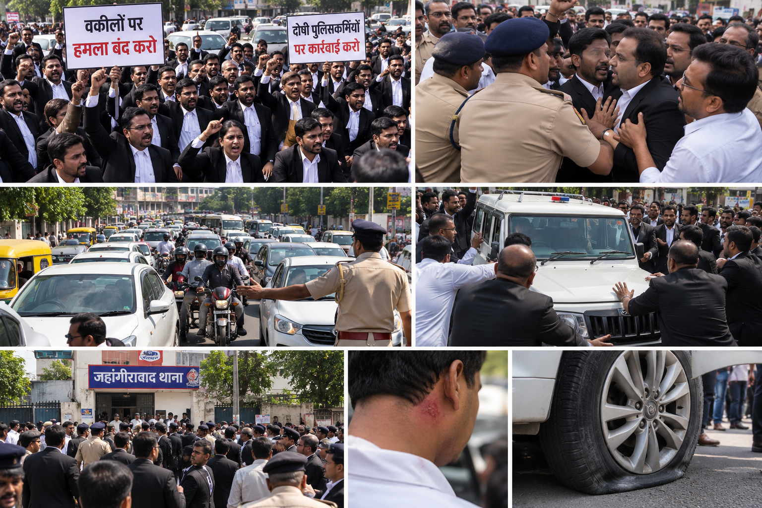 वकील से मारपीट के विरोध में वकीलों ने किया चक्काजाम, राहगीरों से भी मारपीट पुलिस से गुस्साए वकीलों ने सड़क पर रोके वाहन, एसपी की गाड़ी रोकने और पलटने की कोशिश का भी आरोप; टीआई समेत दो पुलिसकर्मियों पर एफआईआर