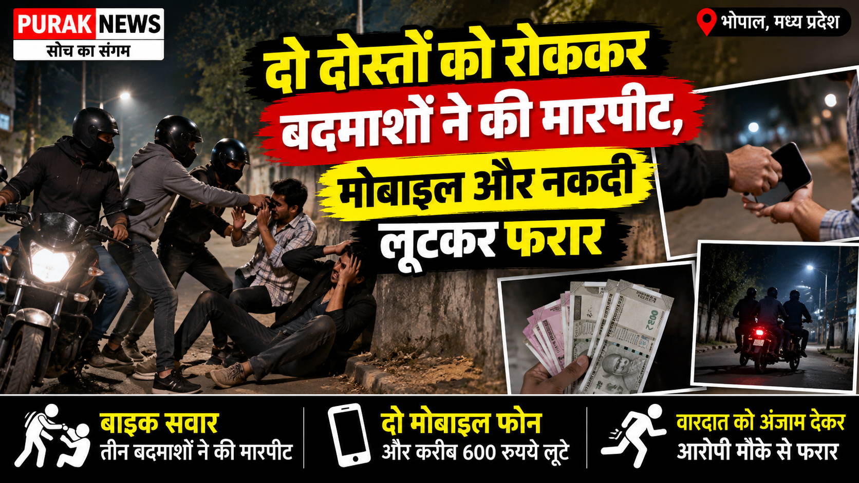 दो दोस्तों को रोककर बदमाशों ने की मारपीट, मोबाइल और नकदी लूटकर फरार