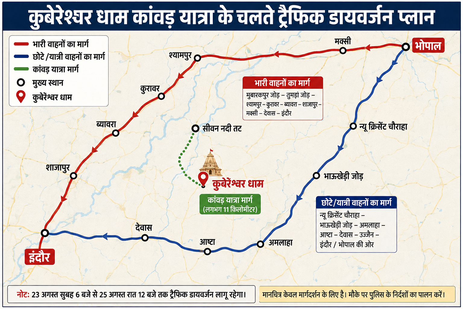 कुबेरेश्वर धाम कांवड़ यात्रा का असर: 23 से 25 अगस्त तक भोपाल-इंदौर हाईवे पर ट्रैफिक डायवर्ट, भारी वाहनों को 80 किमी तक अतिरिक्त सफर