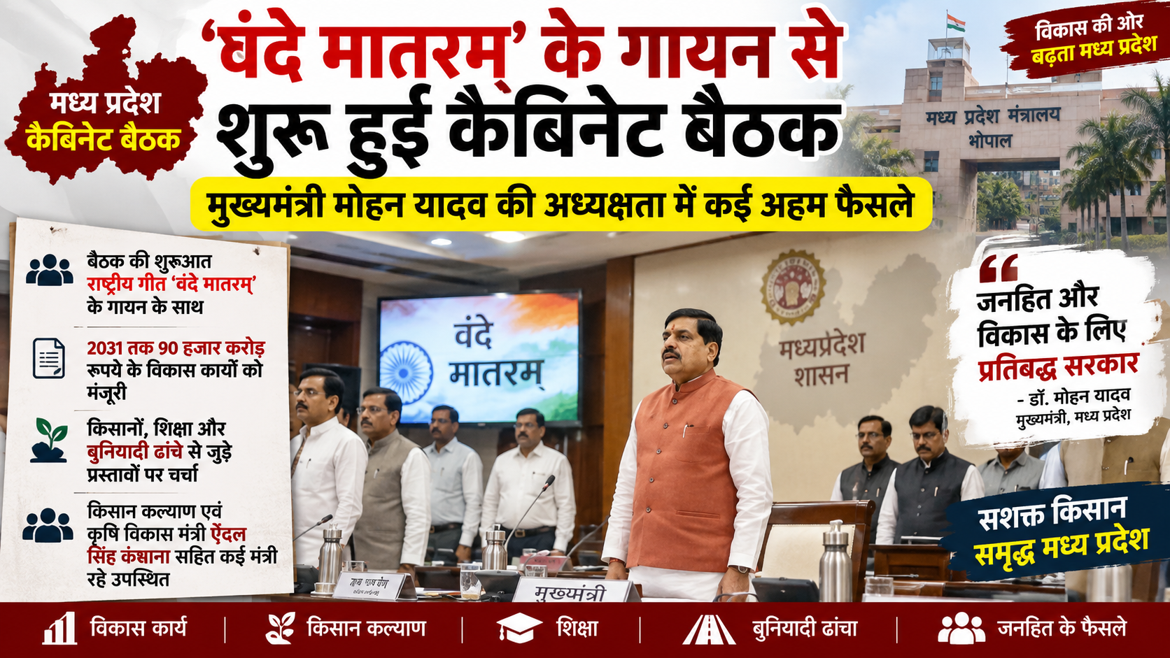 मध्य प्रदेश कैबिनेट बैठक ‘वंदे मातरम्’ के गायन से शुरू, मुख्यमंत्री मोहन यादव की अध्यक्षता में हुई बैठक