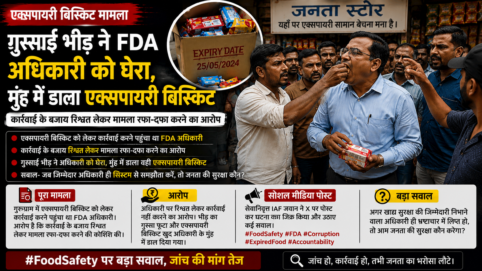 एक्सपायरी बिस्किट को लेकर FDA अधिकारी पर गंभीर आरोप, गुस्साई भीड़ ने अधिकारी को घेरा