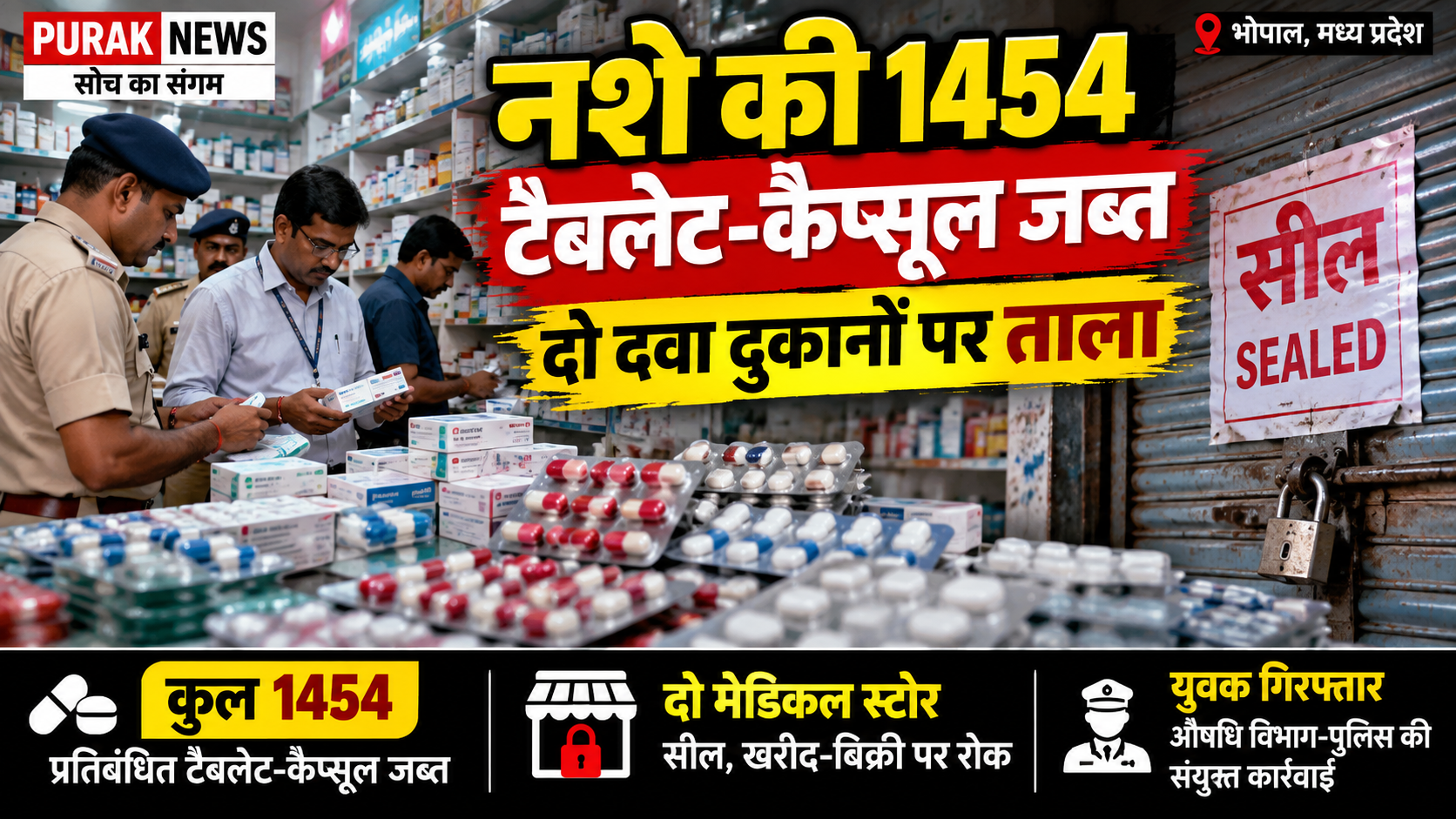 नशे की 1454 टैबलेट-कैप्सूल जब्त, दो दवा दुकानों पर लगा ताला